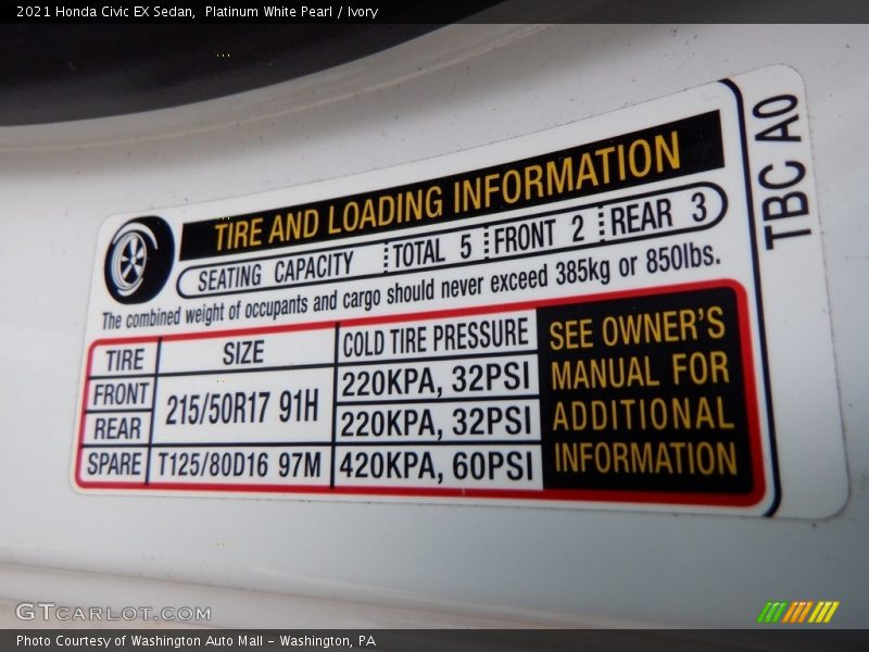 Info Tag of 2021 Civic EX Sedan