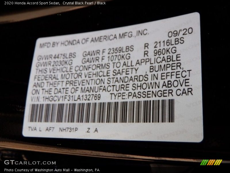 Crystal Black Pearl / Black 2020 Honda Accord Sport Sedan