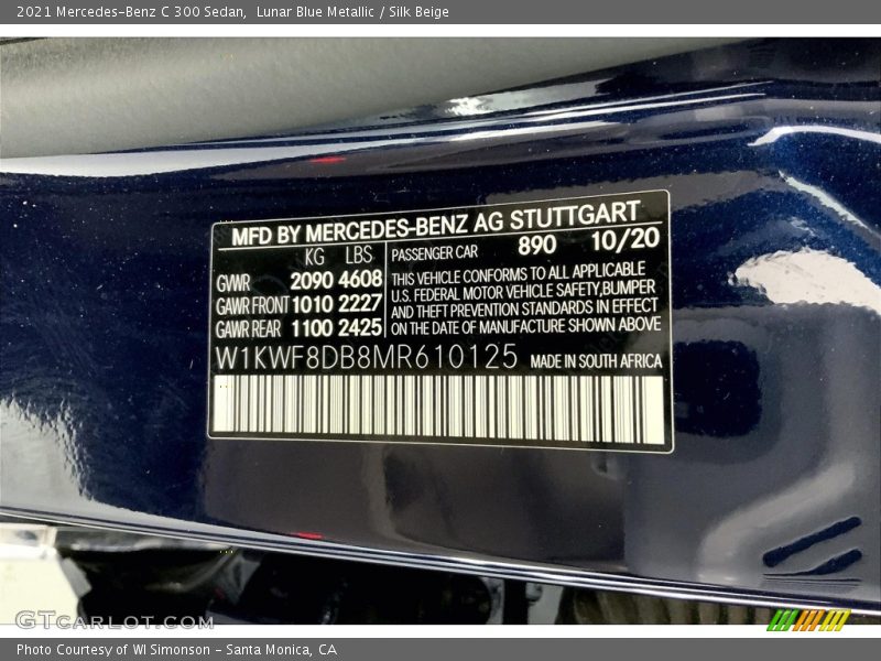 2021 C 300 Sedan Lunar Blue Metallic Color Code 890