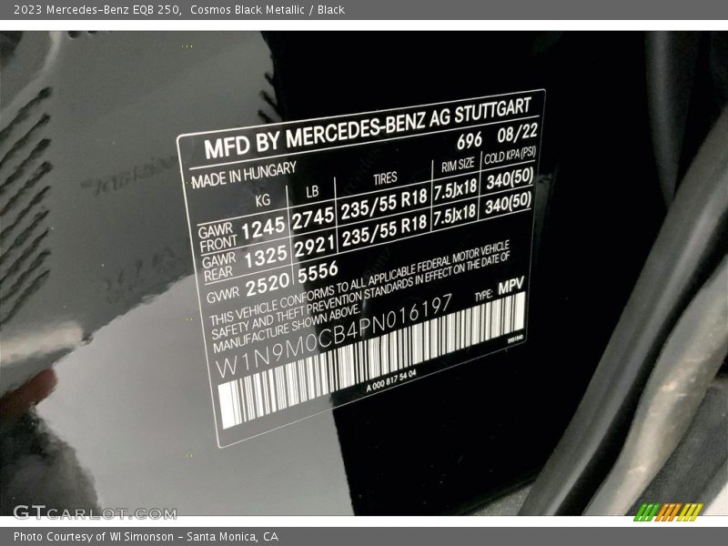 2023 EQB 250 Cosmos Black Metallic Color Code 696