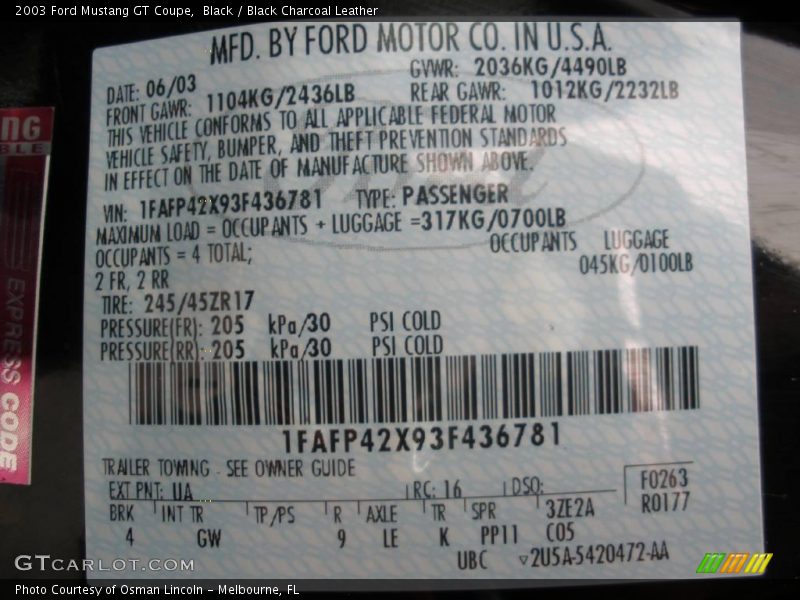 Black / Black Charcoal Leather 2003 Ford Mustang GT Coupe