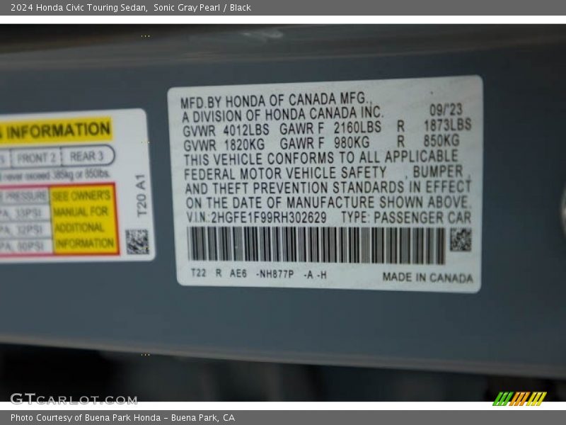 2024 Civic Touring Sedan Sonic Gray Pearl Color Code NH877P
