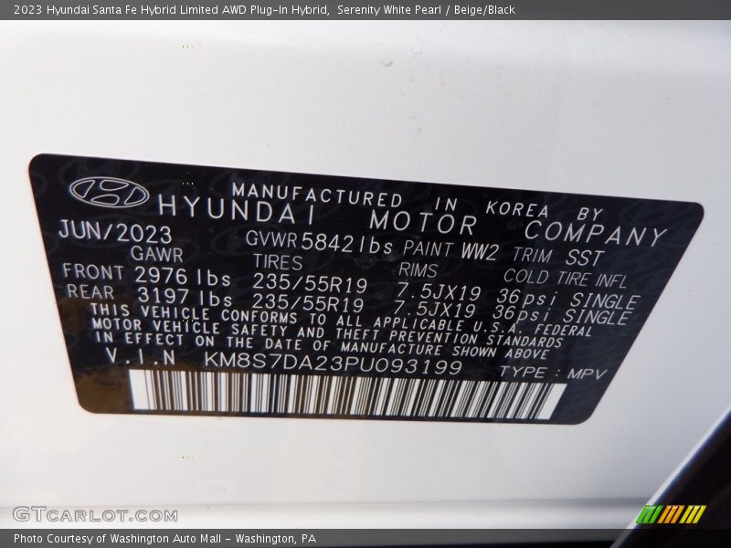 2023 Santa Fe Hybrid Limited AWD Plug-In Hybrid Serenity White Pearl Color Code WW2