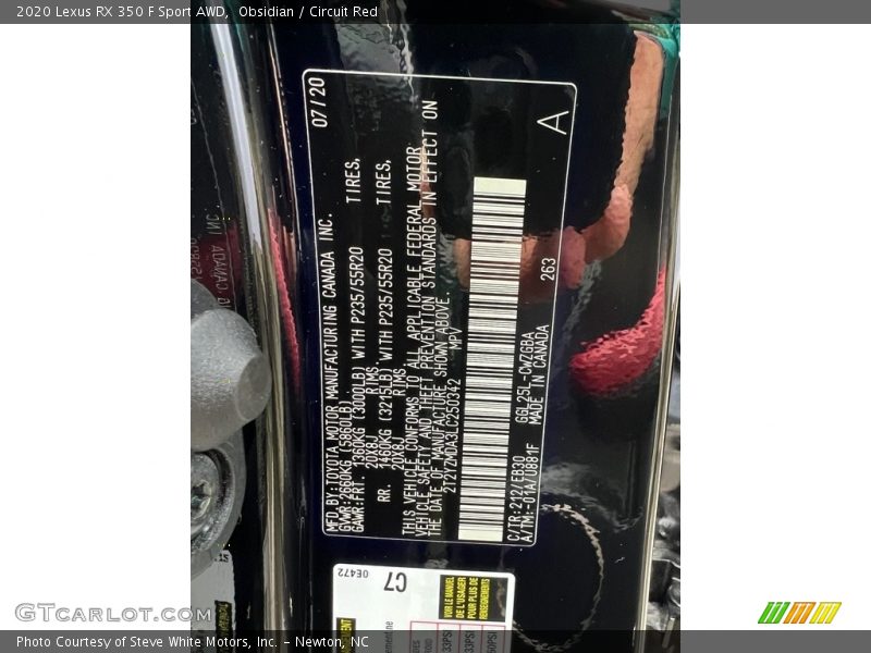 2020 RX 350 F Sport AWD Obsidian Color Code 212