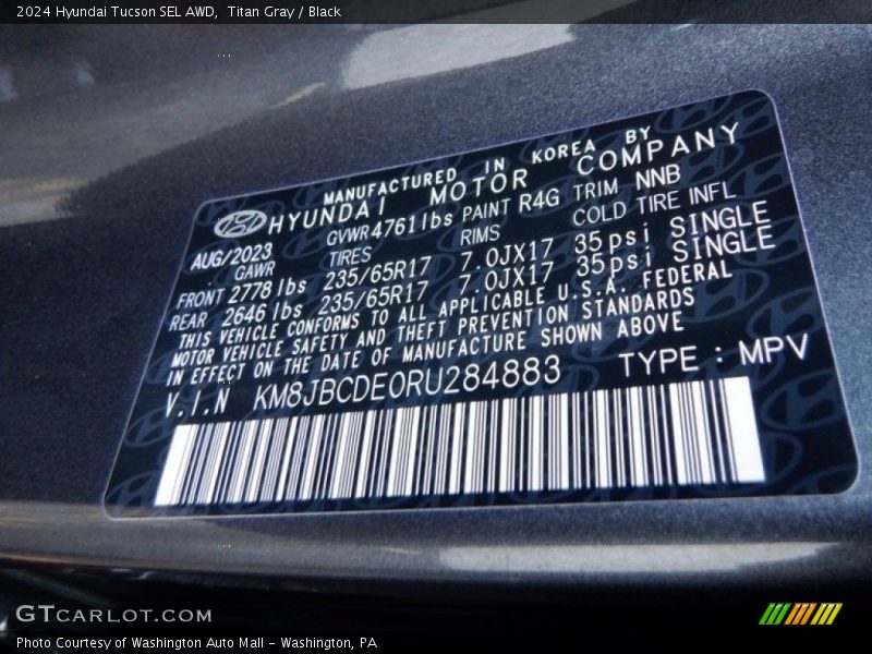 2024 Tucson SEL AWD Titan Gray Color Code R4G