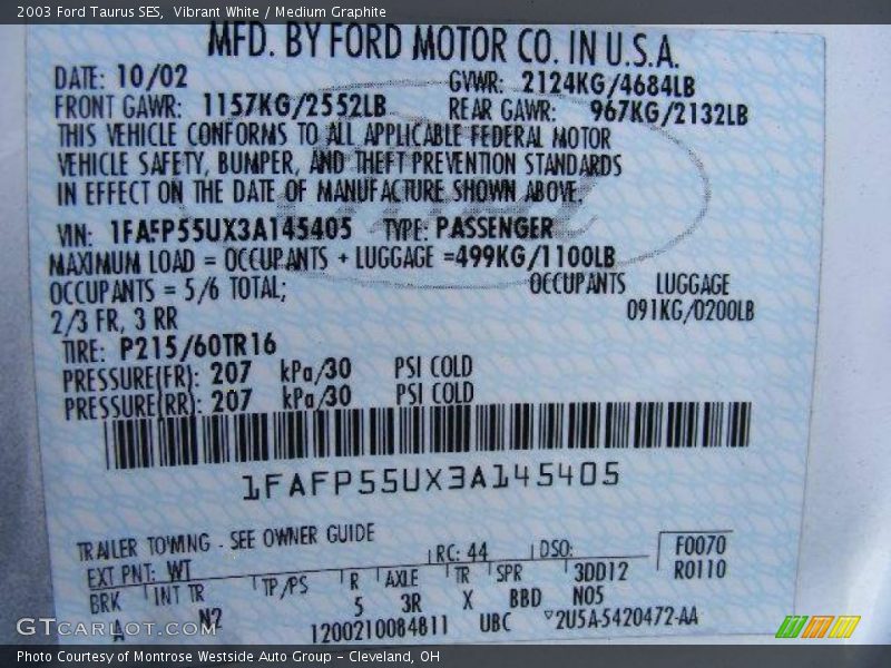 Vibrant White / Medium Graphite 2003 Ford Taurus SES