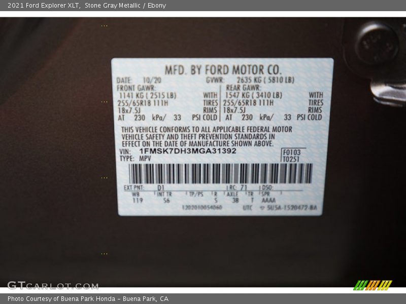 2021 Explorer XLT Stone Gray Metallic Color Code D1