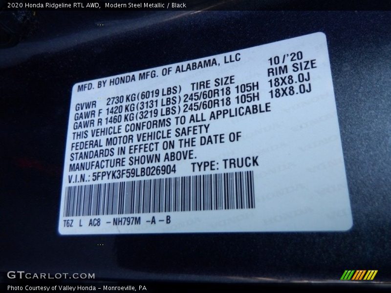 Modern Steel Metallic / Black 2020 Honda Ridgeline RTL AWD