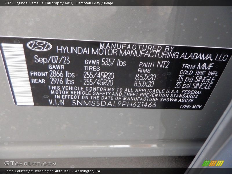 2023 Santa Fe Calligraphy AWD Hampton Gray Color Code NT2