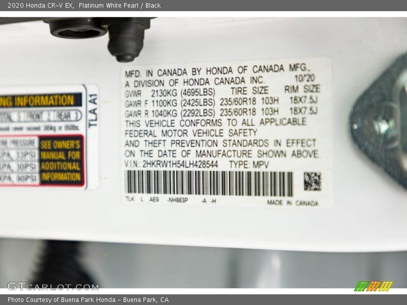 2020 CR-V EX Platinum White Pearl Color Code NH883P