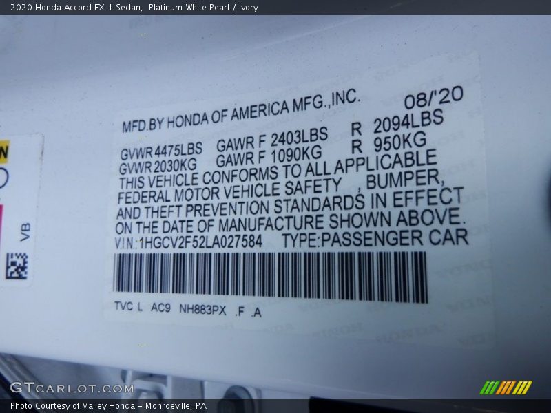 2020 Accord EX-L Sedan Platinum White Pearl Color Code NH883PX