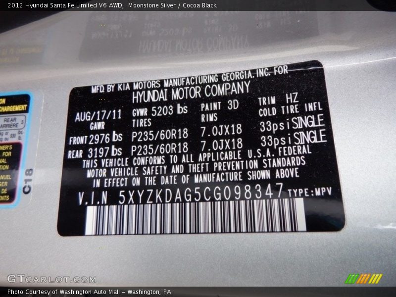 Moonstone Silver / Cocoa Black 2012 Hyundai Santa Fe Limited V6 AWD