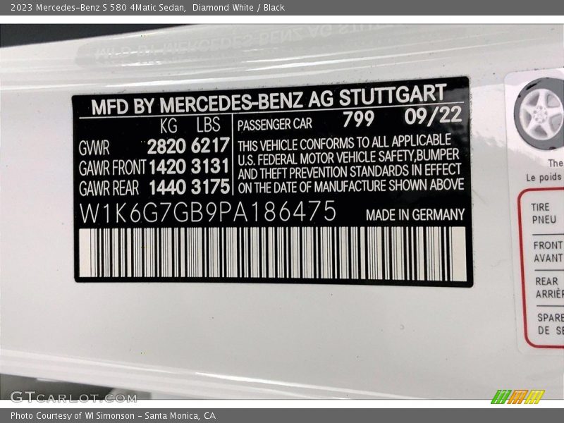 2023 S 580 4Matic Sedan Diamond White Color Code 799