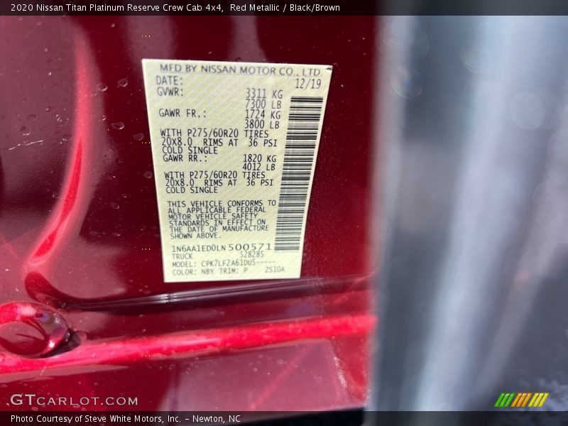 2020 Titan Platinum Reserve Crew Cab 4x4 Red Metallic Color Code NBY