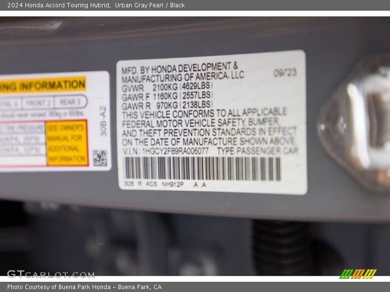 2024 Accord Touring Hybrid Urban Gray Pearl Color Code NH912P