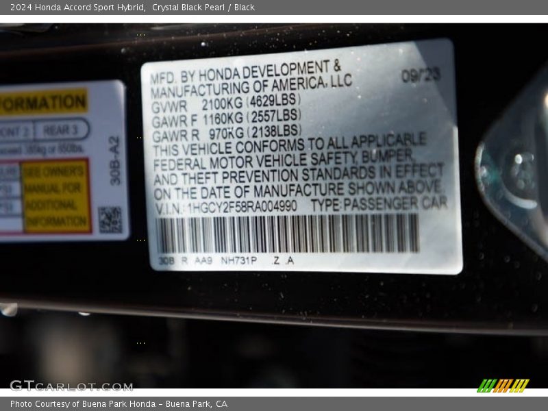 2024 Accord Sport Hybrid Crystal Black Pearl Color Code NH731P