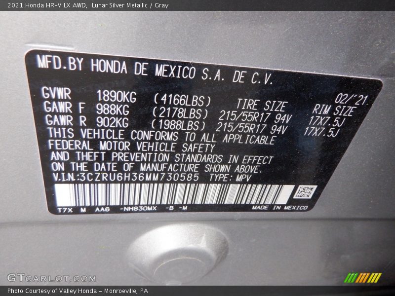 2021 HR-V LX AWD Lunar Silver Metallic Color Code NH830MX