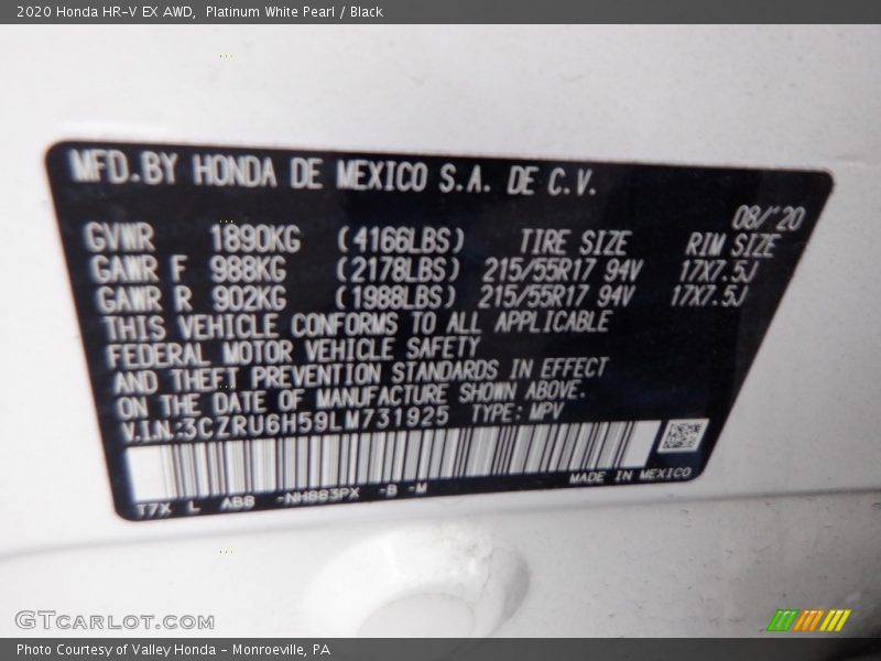 Platinum White Pearl / Black 2020 Honda HR-V EX AWD