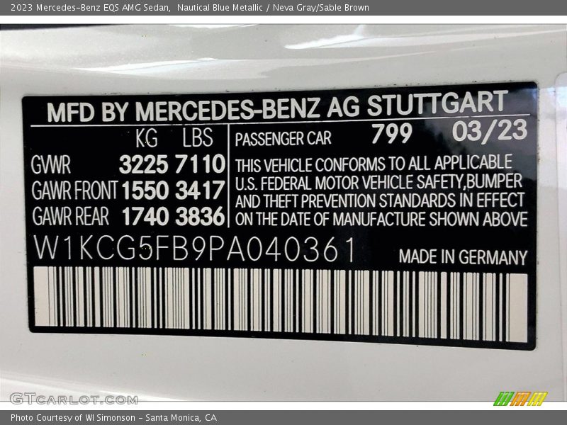 2023 EQS AMG Sedan Nautical Blue Metallic Color Code 799