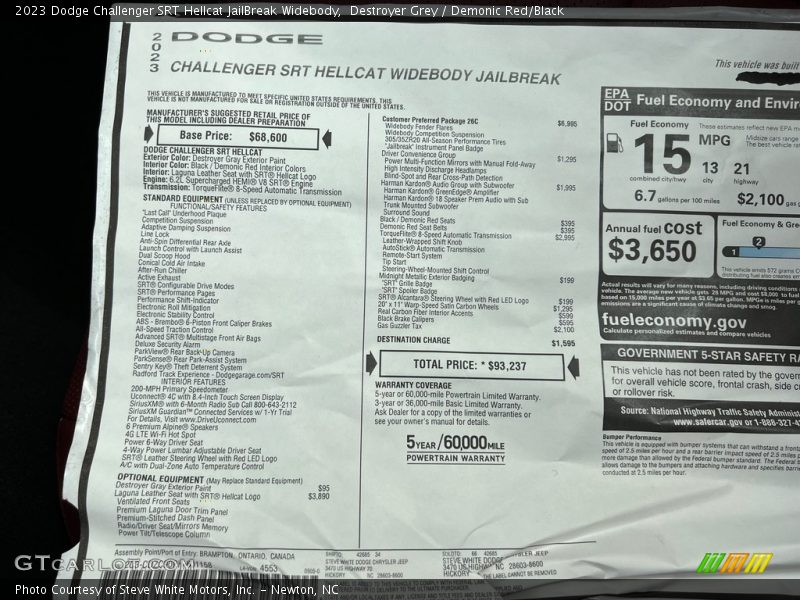  2023 Challenger SRT Hellcat JailBreak Widebody Window Sticker