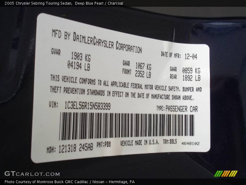 Deep Blue Pearl / Charcoal 2005 Chrysler Sebring Touring Sedan