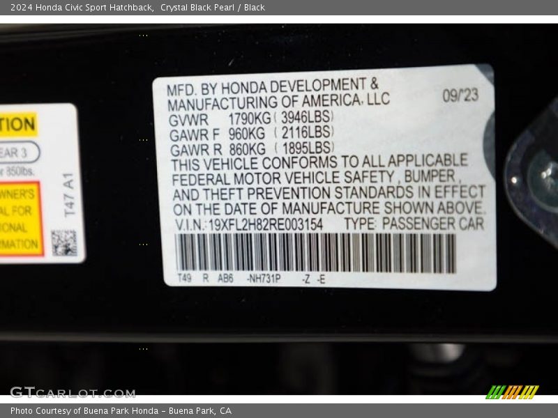 2024 Civic Sport Hatchback Crystal Black Pearl Color Code NH731P