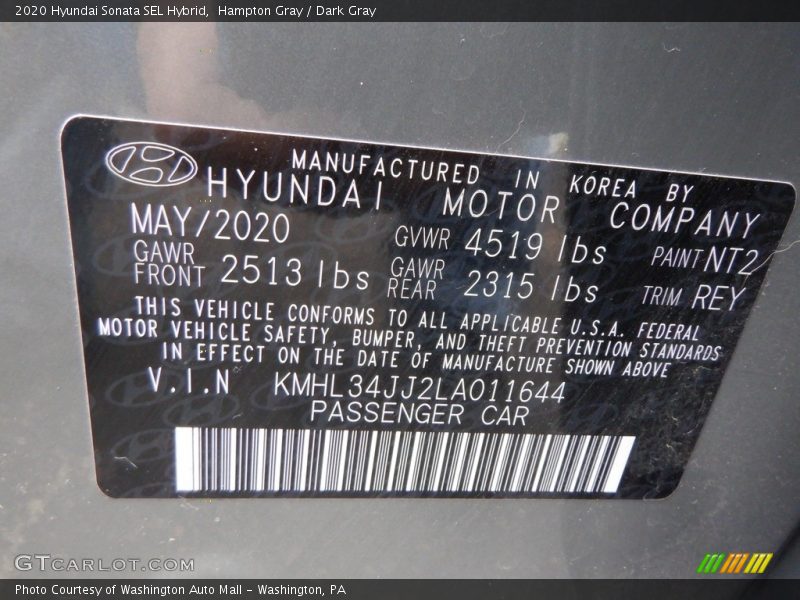 Hampton Gray / Dark Gray 2020 Hyundai Sonata SEL Hybrid