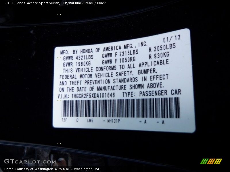 Crystal Black Pearl / Black 2013 Honda Accord Sport Sedan