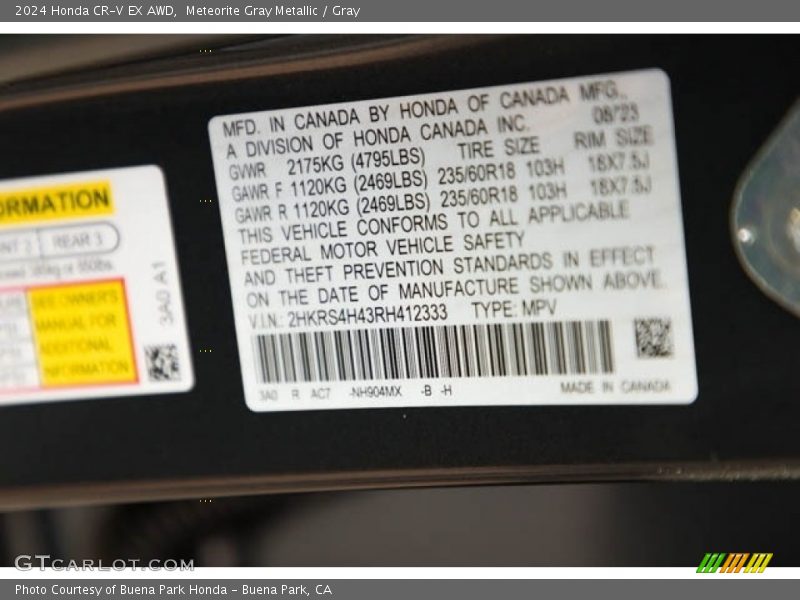 2024 CR-V EX AWD Meteorite Gray Metallic Color Code NH904MX
