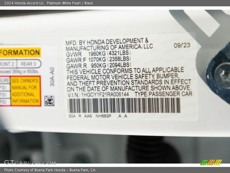 2024 Accord LX Platinum White Pearl Color Code NH883P