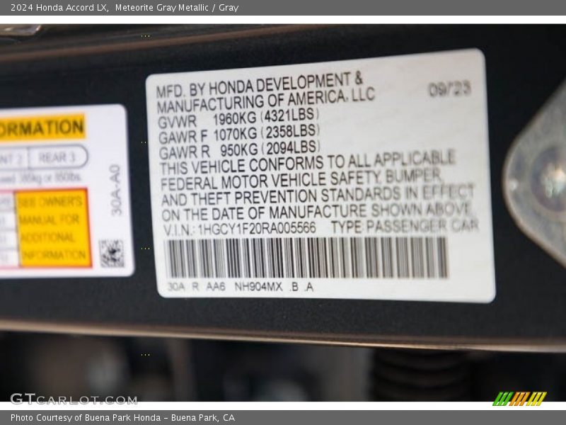 2024 Accord LX Meteorite Gray Metallic Color Code NH904MX