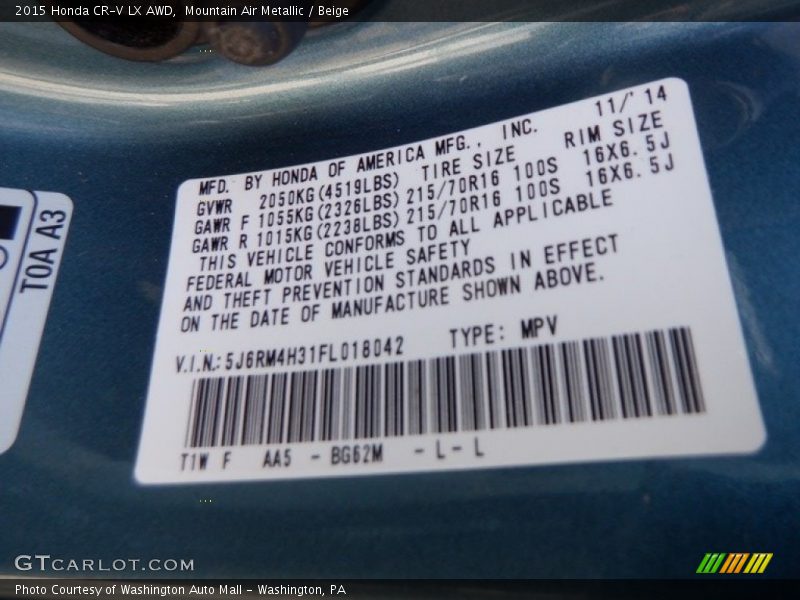 Mountain Air Metallic / Beige 2015 Honda CR-V LX AWD