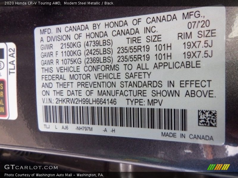 Modern Steel Metallic / Black 2020 Honda CR-V Touring AWD