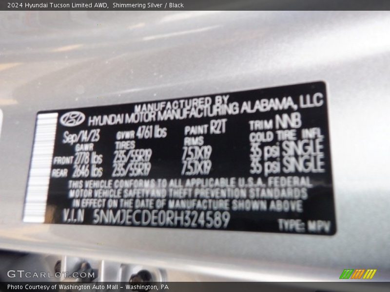 2024 Tucson Limited AWD Shimmering Silver Color Code R2T