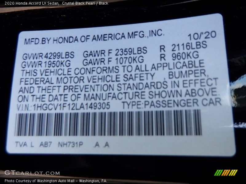 Crystal Black Pearl / Black 2020 Honda Accord LX Sedan