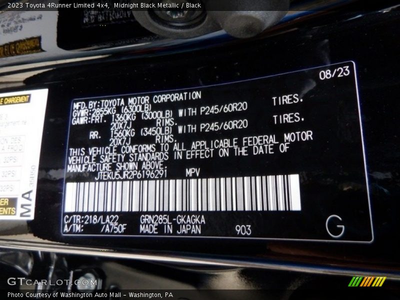 2023 4Runner Limited 4x4 Midnight Black Metallic Color Code 218