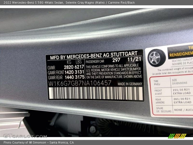 2022 S 580 4Matic Sedan Selenite Gray Magno (Matte) Color Code 297