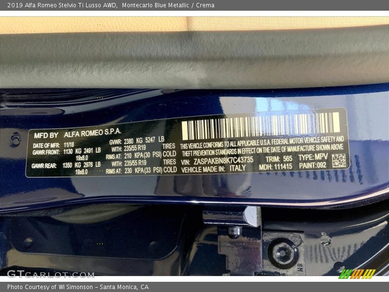 2019 Stelvio Ti Lusso AWD Montecarlo Blue Metallic Color Code 092