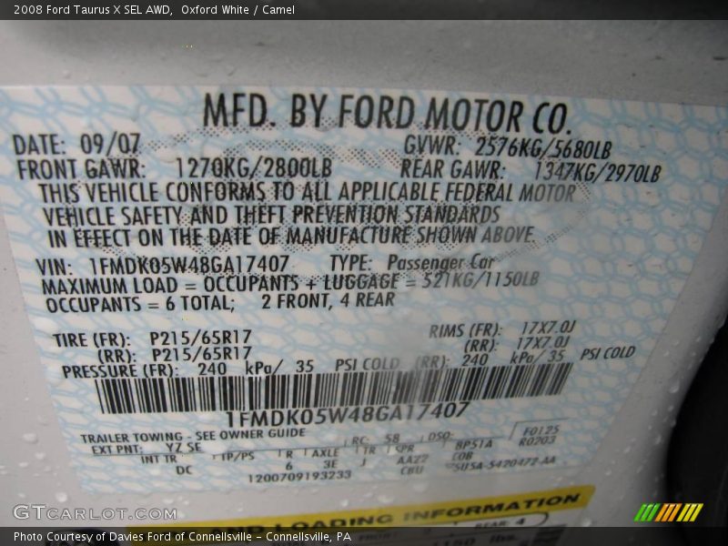 Oxford White / Camel 2008 Ford Taurus X SEL AWD