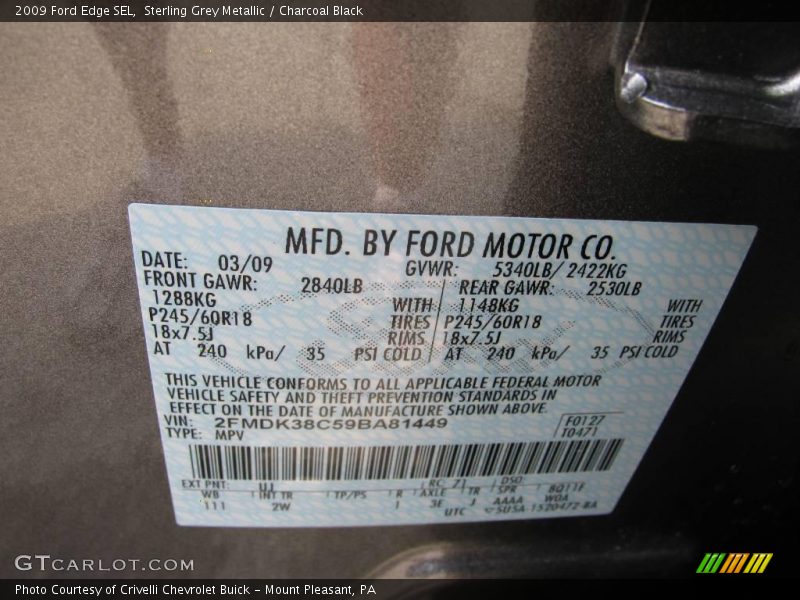 Sterling Grey Metallic / Charcoal Black 2009 Ford Edge SEL