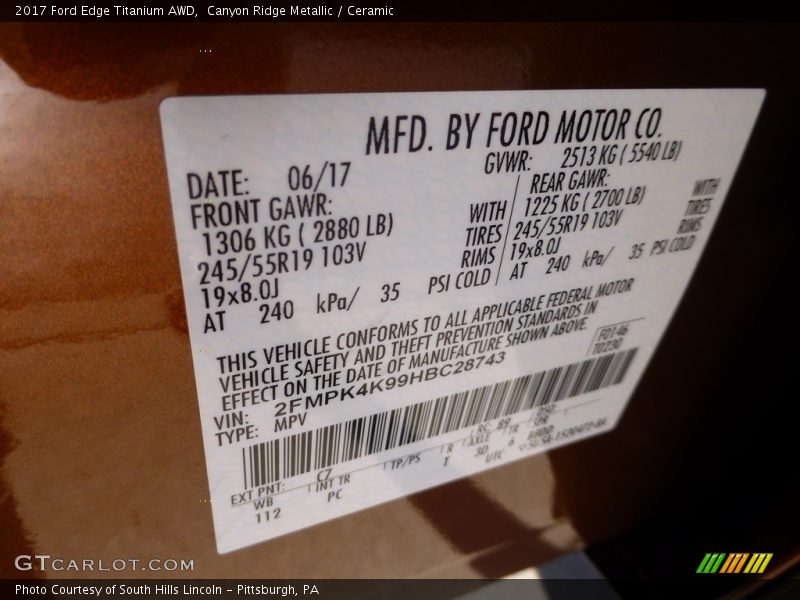 2017 Edge Titanium AWD Canyon Ridge Metallic Color Code C7