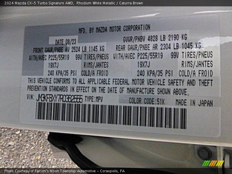 2024 CX-5 Turbo Signature AWD Rhodium White Metallic Color Code 51K