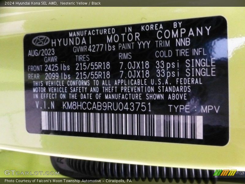 2024 Kona SEL AWD Neoteric Yellow Color Code YYY