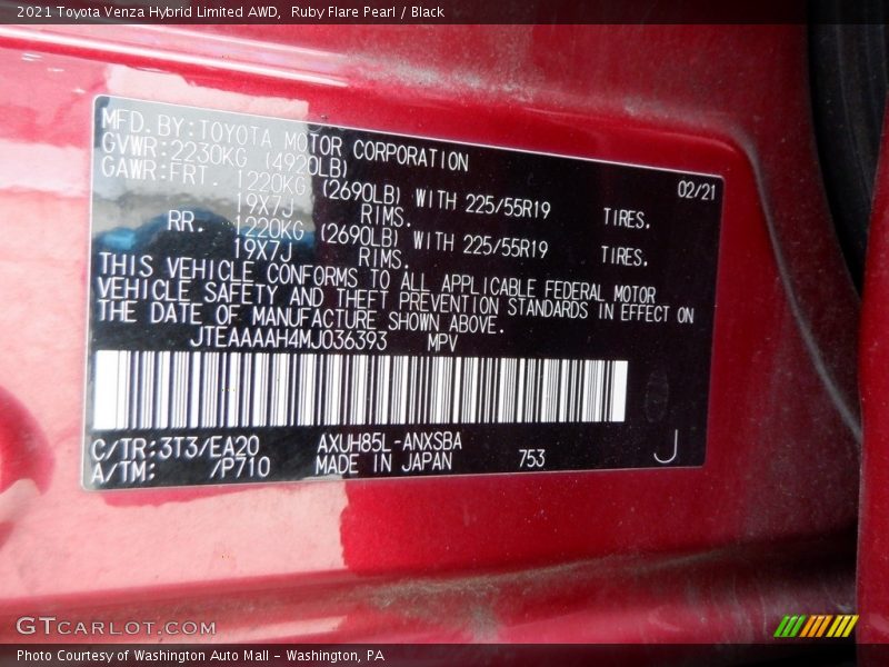 2021 Venza Hybrid Limited AWD Ruby Flare Pearl Color Code 3T3