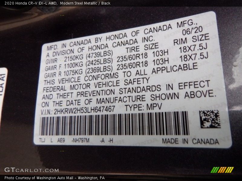 Modern Steel Metallic / Black 2020 Honda CR-V EX-L AWD