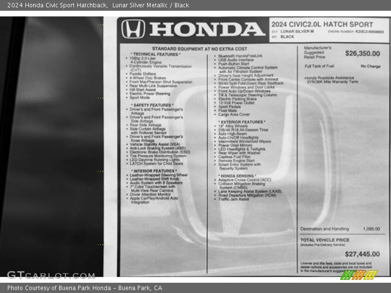  2024 Civic Sport Hatchback Window Sticker