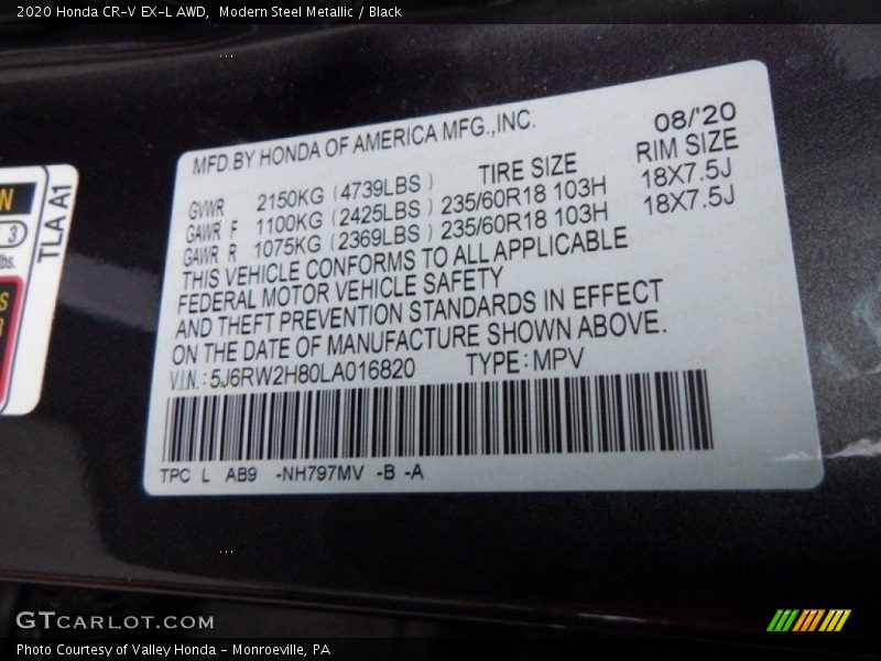 Modern Steel Metallic / Black 2020 Honda CR-V EX-L AWD