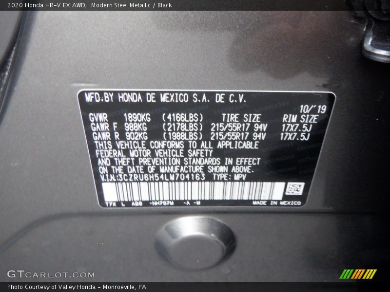 Modern Steel Metallic / Black 2020 Honda HR-V EX AWD