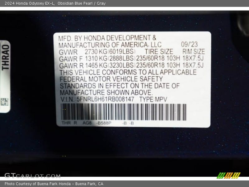 2024 Odyssey EX-L Obsidian Blue Pearl Color Code B588P