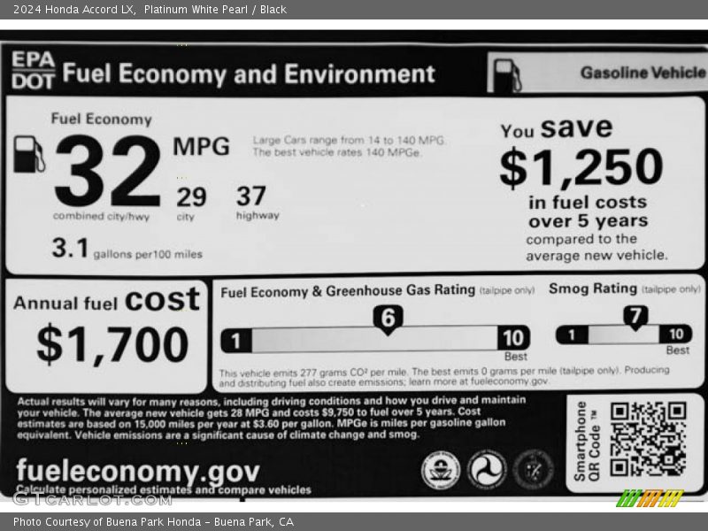 Platinum White Pearl / Black 2024 Honda Accord LX